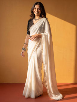 Akhilam - Women's Georgette White Solid Party Wear Saree With Unstitched Blouse