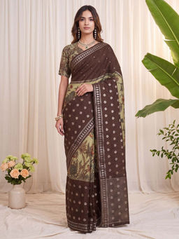 Akhilam - Viscose Silk Coffee Brown Woven Design Saree with Unstitched Blouse