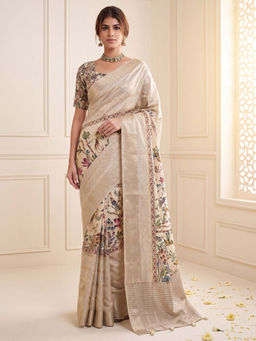 Akhilam - Women's Viscose Silk Cream Woven Design Mysore Silk Saree with Unstitched Blouse