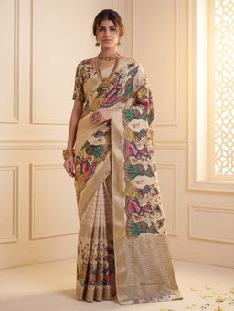 Akhilam - Women's Viscose Silk Cream Woven Design Mysore Silk Saree with Unstitched Blouse