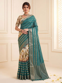 Akhilam - Women's Viscose Silk Teal Woven Design Mysore Silk Saree with Unstitched Blouse