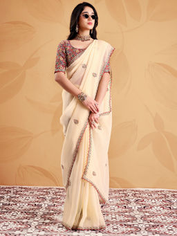 Akhilam - Women's Tissue Cream Zari Embroidered Party Wear Saree With Unstitched Blouse