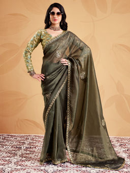 Akhilam - Women's Tissue Olive Zari Embroidered Party Wear Saree With Unstitched Blouse