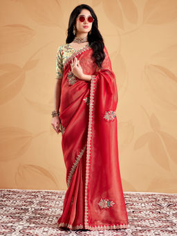 Akhilam - Women's Tissue Rust Zari Embroidered Party Wear Saree With Unstitched Blouse