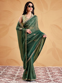 Akhilam - Women's Tissue Green Zari Embroidered Party Wear Saree With Unstitched Blouse