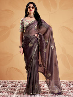 Akhilam - Women's Tissue Wine Zari Embroidered Party Wear Saree With Unstitched Blouse