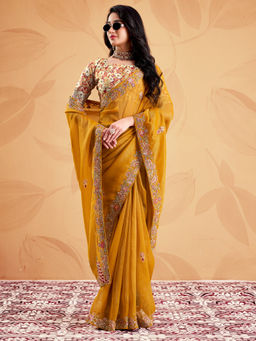 Akhilam - Women's Tissue Mustard Zari Embroidered Party Wear Saree With Unstitched Blouse