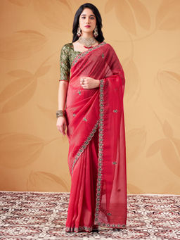 Akhilam - Women's Tissue Pink Zari Embroidered Party Wear Saree With Unstitched Blouse