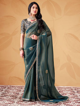 Akhilam - Women's Tissue Teal Zari Embroidered Party Wear Saree With Unstitched Blouse