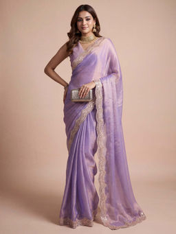 Akhilam - Women's Chiffon Lavender Embellished Party Wear Saree with Unstitched Blouse