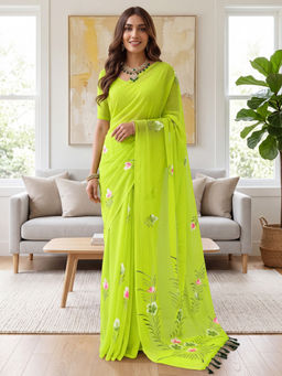 Akhilam - Women's Georgette Olive Printed Party Wear Saree With Unstitched Blouse