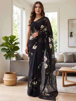 Akhilam - Women's Georgette Black Printed Party Wear Saree With Unstitched Blouse