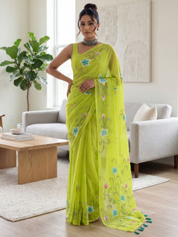 Akhilam - Women's Georgette Olive Printed Party Wear Saree With Unstitched Blouse