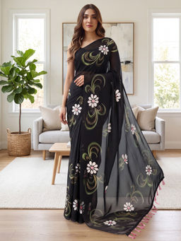 Akhilam - Women's Georgette Black Printed Party Wear Saree With Unstitched Blouse