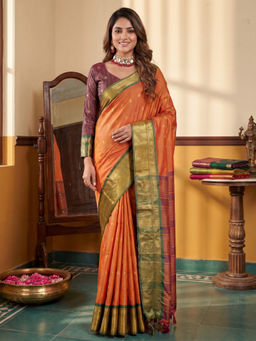 Akhilam - Women's Silk Blend Orange Woven Design Banarasi Saree with Unstitched Blouse