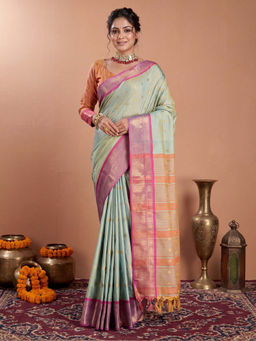 Akhilam - Women's Silk Blend Aqua Woven Design Banarasi Saree with Unstitched Blouse