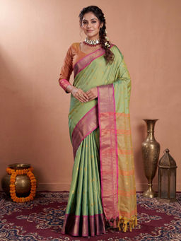 Akhilam - Silk Blend Light Green Woven Design Banarasi Saree with Unstitched Blouse