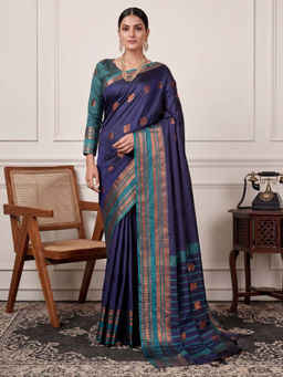 Akhilam - Women's Silk Blend Navy Blue Woven Design Banarasi Saree with Unstitched Blouse