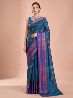 Akhilam - Women's Silk Blend Blue Woven Design Banarasi Saree with Unstitched Blouse