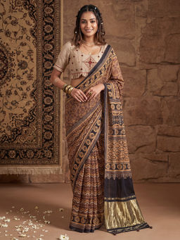 Akhilam - Women's Silk Blend Brown Digital Print Block Print Saree With Unstitched Blouse