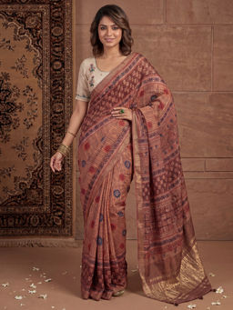 Akhilam - Women's Silk Blend Brown Digital Print Block Print Saree With Unstitched Blouse