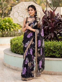 Akhilam - Women's Georgette Black Printed Party Wear Saree with Unstitched Blouse
