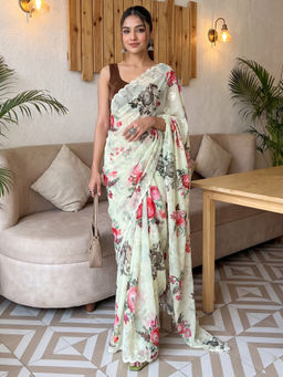 Akhilam - Women's Linen Light Green Printed Party Wear Saree with Unstitched Blouse