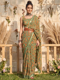 Akhilam - Georgette Green Printed Celebrity Party Wear Saree with Unstitched Blouse