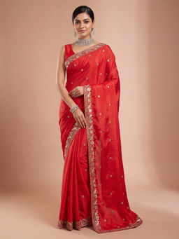 Akhilam - Women's chinnon Red Embellished Party Wear Saree with Unstitched Blouse