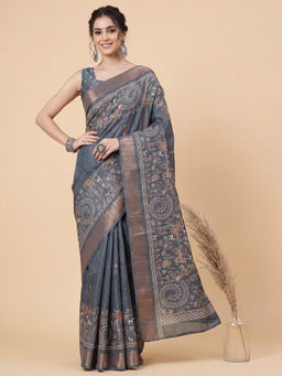 Akhilam - Women's Silk Blend Charcoal Printed Block Print Saree with Unstitched Blouse