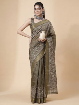 Akhilam - Women's Silk Blend Olive Printed Block Print Saree with Unstitched Blouse