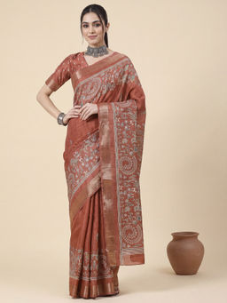 Akhilam - Women's Silk Blend Rust Printed Block Print Saree with Unstitched Blouse
