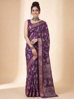Akhilam - Women's Silk Blend Purple Printed Block Print Saree with Unstitched Blouse