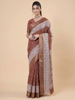 Akhilam - Women's Silk Blend Brown Printed Block Print Saree with Unstitched Blouse