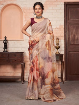 Akhilam - Women's Organza Cream Printed Party Wear Saree with Unstitched Blouse