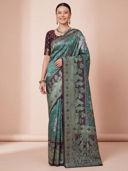Akhilam - Women's Jacquard Aqua Woven Design Banarasi Saree with Unstitched Blouse