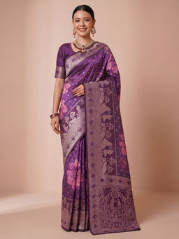 Akhilam - Women's Jacquard Purple Woven Design Banarasi Saree with Unstitched Blouse