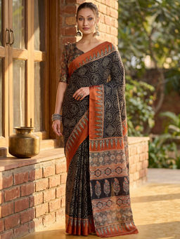 Akhilam - Women's Satin Black Printed Block Print Saree with Unstitched Blouse