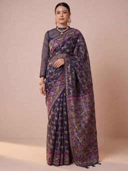 Akhilam - Women's Organza NavyBlue Design Banarasi Saree With Unstitched Blouse