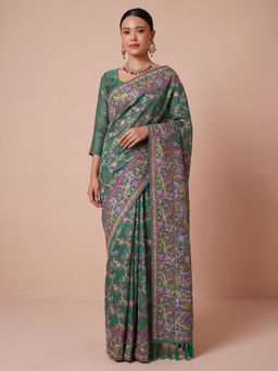 Akhilam - Women's Organza Teal Design Banarasi Saree With Unstitched Blouse