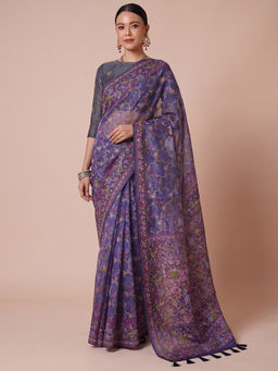 Akhilam - Women's Organza Purple Design Banarasi Saree With Unstitched Blouse