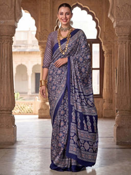 Akhilam - Women's Crepe Navy Blue Printed Block Print Saree With Unstitched Blouse
