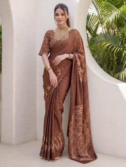 Akhilam - Women's Crepe Brown Printed Block Print Saree With Unstitched Blouse