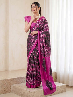 Akhilam - Women's Crepe Magenta Printed Party Wear Saree With Unstitched Blouse