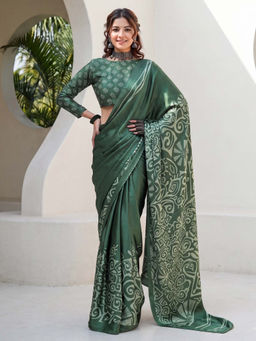 Akhilam - Women's Crepe Green Printed Party Wear Saree With Unstitched Blouse