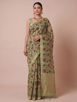 Akhilam - Women's Tissue Light Green Printed Party Wear Saree With Unstitched Blouse