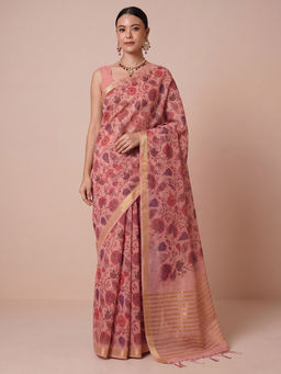 Akhilam - Women's Tissue Pink Printed Party Wear Saree With Unstitched Blouse