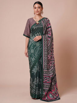 Akhilam - Women's Crepe Green Printed Bandhani Saree With Unstitched Blouse
