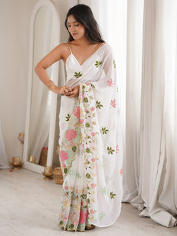 Akhilam - Women's Georgette White Embellished Party Wear Saree with Unstitched Blouse