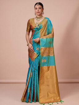 Akhilam - Women's Pure Silk Teal Woven Design Pochampally Saree with Unstitched Blouse
